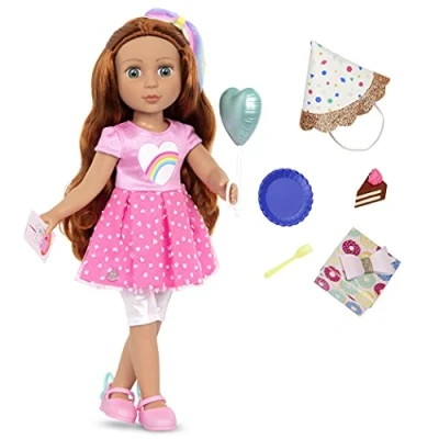 Image of Glitter Girls Dolls Cicely 14 inch Poseable Birthday Party Doll Red Hair &amp; Green Eyes Rainbow Heart Dress, Hat, Cake, Balloon, Gift Toys, Clothes, and Accessories for Kids Ages 3+
