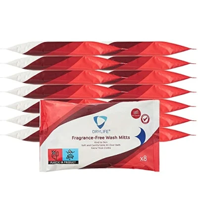 Image of 120x Drylife Extra Thick Adult Washcloths Unique Disposable Body Wipes Shaped Like a Glove Microwavable, Unscented, Premoistened Wet with Aloe Vera (15 Packs of 8)