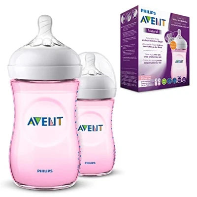 Image of Philips Avent Natural Feeding Bottle 2 Count 260ml, Pink, Translucent, 1 month+