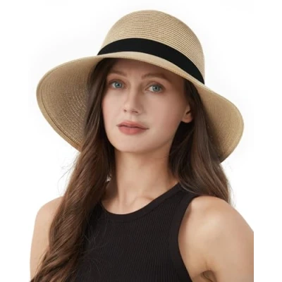 Image of Zylioo Small Straw Sun Hats for Women Petite Summer Wide Brim UV Holiday Beach Hat
