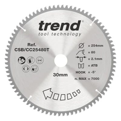 Image of Trend Wood Cordless Mitre Saw Blade, 254mm Diameter, 30mm Bore, 80 Teeth, 2.1mm Kerf, 5 Hook, TCT, Extra Fine Finish, CSB/CC25480T
