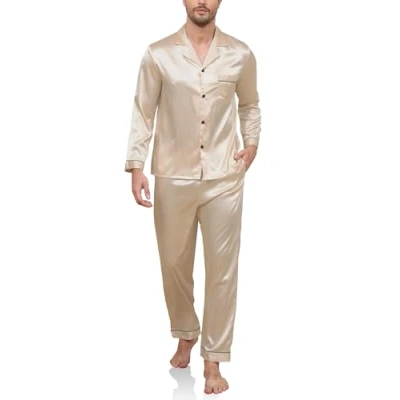 Image of Reliwel Mens Pyjamas Set Silk Long Sleeve Button down Shirt and Pants two Pieces Winter Silky Pjs Sets Notch Collar Warm Loungewear Sleepwear Nightwear S Xxl Champagne