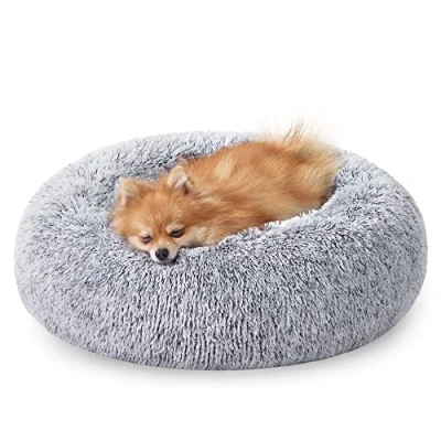 Image of Feandrea Dog Bed, Donut Cat Fluffy Calming Pet Bed with Removable, Washable Cover, Soft Long Plush, 60 cm, Grey