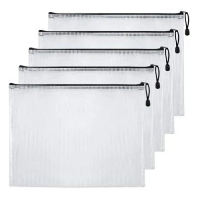 Image of 5Pcs A3 Plastic Wallets File Zip Bags Document Folder Mesh Zipper Pouch for School Office Supplies, Travel Accessories Storage