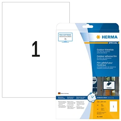 Image of HERMA Self Adhesive Film Labels, 1 Label per A4 Sheet, 10 Sheets, 210 x 297 mm, Blank Weatherproof Labels Stickers, Sticky for Laser &amp; Inkjet Printer, White