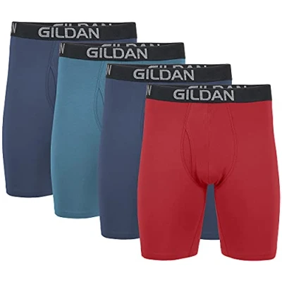 Image of Gildan Men&#039;s Cotton Stretch Boxer Brief, Multipack, Blue Cove/Hawaiian Blue/Heather Red Mark (4 Pack, Long Leg), L (Pack of 4)