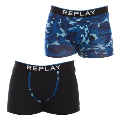 Image of REPLAY Men&#039;s Boxer Style 8 Cuff Logo&amp;Camouflage 2pcs Waterfall Pack, Black/Camouflage Blue, S