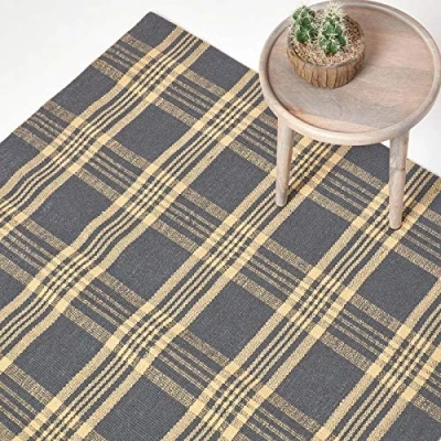 Image of HOMESCAPES Tartan Rug Handwoven Yellow &amp; Grey 100% Wool Non Slip Rug, &#039;Douglas&#039; Check 120 x 170 cm