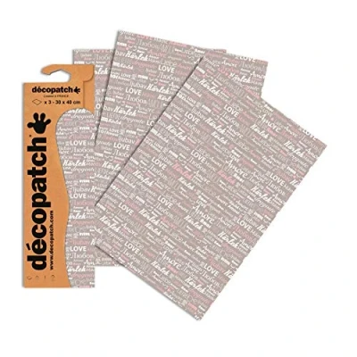 Image of Décopatch Ref C686O Love in All Languages Paper Pack Each Sheet 30 x 40cm, of 3 Sheets Best Used With Décopach Glue &amp; Varnish, Pink Grey