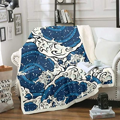 Image of Wave Pattern Fuzzy Blanket Japanese Style Fleece Throw Blue Sherpa for Sofa Bed Couch Geometric Art Decor Flannel Ultra Soft Double 60&quot;x79&quot;