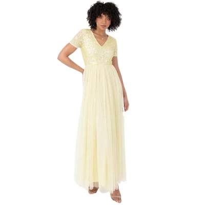 Image of Maya Deluxe Women&#039;s Ladies Dress for Wedding Guest Plus Size Empire High Waist Sequins Short Sleeve Evening Bridesmaid, Lemon, 18