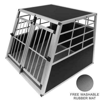 Image of Pet Car Transport Crate Cage Large Aluminium Travel Box Trapezoidal Dog Cat Puppy Carrier Estate Vehicle 2 Doors 69 x 97 90cm FREE Plastic Washable Mat