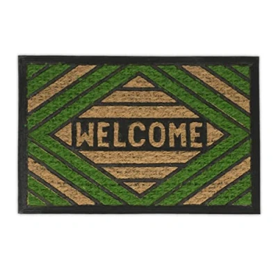 Image of Relaxdays Welcome Doormat Rubber, 40 x 60 cm, Door Mat Inside &amp; Outside, Non Slip Wiper, Coir/Green, 60% Coconut 40%