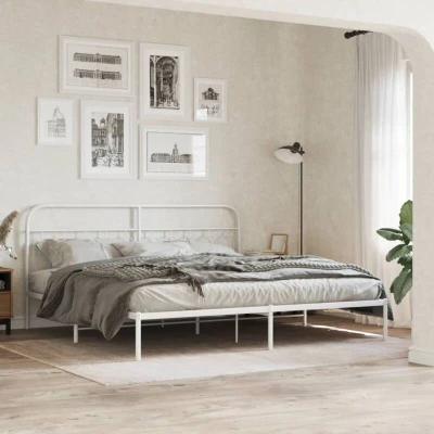 Image of VidaXL Metal Bed Frame with Headboard - White - 200x200 cm - Double Bed