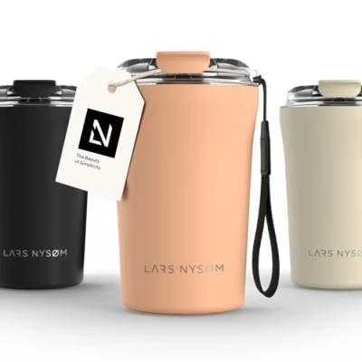 Image of LARS NYSØM Thermo Coffee Mug to Go with Strap 13oz Travel 0.38 Liter Insulation Leak Proof Stainless Steel Thermal for and Tea (Creamy Peach, 380ml)