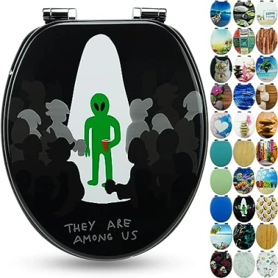 Image of Sanfino® Premium Toilet Seat with Soft Close Wooden Lid, Lots of Colourful and Decorative Designs, high Seating Comfort, Easy to Install Including Instructions &quot;Alien&quot;