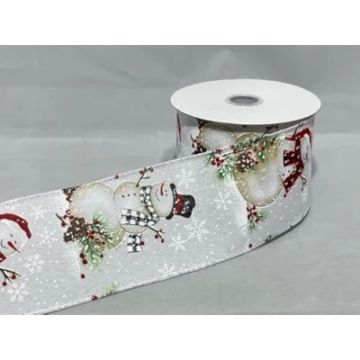 Image of 2 Meters x 63mm Wired Ribbon White Snowman Christmas Hessian Style 6.3cm