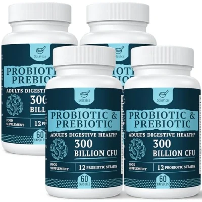 Image of 300 Billion CFU Probiotics for Digestive Gut &amp; Immune Health, Advanced Strength with 12 Diverse Strains + 3 Prebiotics Women Men (60 Count (Pack of 4))