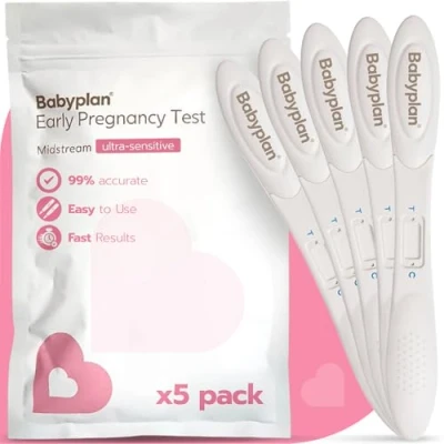 Image of 5 x Pregnancy Test Midstream Babyplan Early Tests (HCG 10mIU Very Sensitive Detection) Hygienic Pregnancy. for Baby Planning Easy to Use, Long Stick
