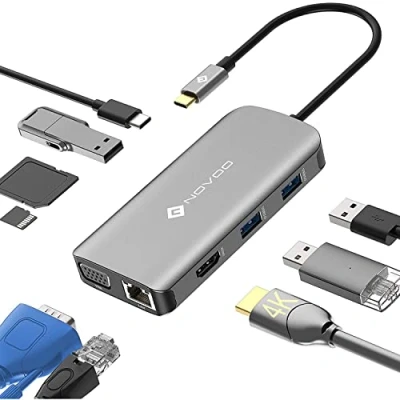 Image of NOVOO 9 in1 USB Hub Multiport Adapter, 3.0 with Ethernet, C to 4K HDMI &amp; VGA, 3 Ports, SD/TF Card Reader, 100W PD Power Port, Slim Data for MacBook Pro, Air, XPS, Chromebook