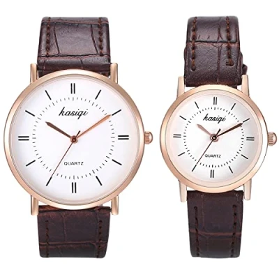 Image of JewelryWe His and Hers Matching Set Quartz Watches Leather Strap Couple Simple Casual Business Dress Wristwatch for Men Women