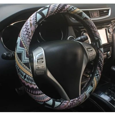 Image of ISTN 2018 Ethnic Style Coarse Flax Cloth Automotive Steering Wheel Cover Anti Slip and Sweat Absorption Auto Car Wrap (K, 15&#039;&#039;(fit for mostly cars))