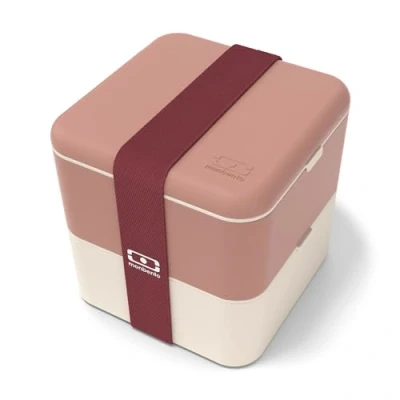 Image of monbento MB Square Mocha Pink Lunch Box Large Bento with Compartments Airtight 2 Tier Ideal for Work/Picnic BPA Free, Durable and Safe Made in France