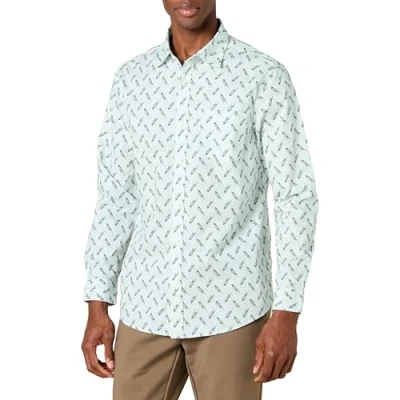 Image of Amazon Essentials Men&#039;s Long Sleeved Regular Fit Stretch Poplin Shirt, Light Blue Bird Print, XS