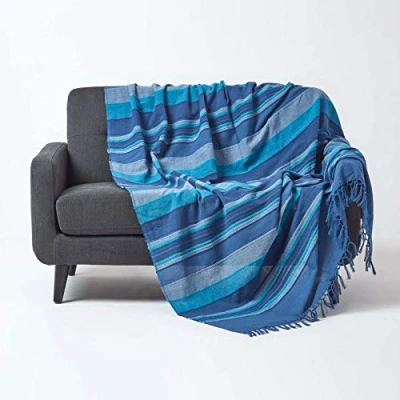 Image of HOMESCAPES Extra Large Blue Throw “Morocco Cotton Textured Stripe 254 x 356 cm Bedspread Sofa Handmade Suitable for 3 or 4 Seater Sofas Double King and Super Size Beds