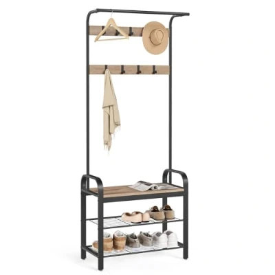 Image of VASAGLE Coat Rack, Stand with Shoe Storage Bench, 4 in 1 Design, 9 Removable Hooks, a Clothes Rail, for Hallway, Entrance, 34 x 72 183 cm, Industrial, Camel Brown and Ink Black HSR040K02