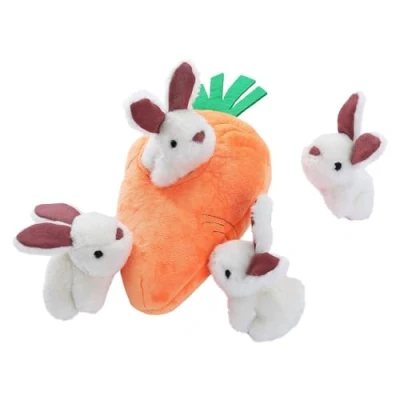 Image of Amazon Basics Rabbit and Carrot Puppy/Dog Toys for Hide Seek with Soft Plush, 5 Count (Pack of 1) Orange White