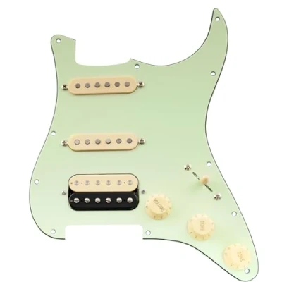 Image of Musiclily Pro Auto Split Pre wired Standard HSS Pickguard with Artec Pickups Alnico 5 Magnet for ST Style Electric Guitar, 3ply Mint Green