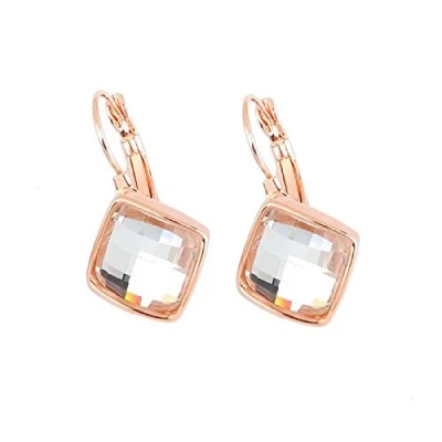 Image of Crystalline Azuria Women 18ct Rose Gold Plated Rhombus Square White Crystals Lever back Dangle Earrings