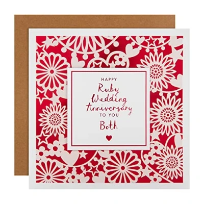 Image of Hallmark Ruby Wedding Anniversary Card for Couple Intricate Embossed Design with Red Foil Background