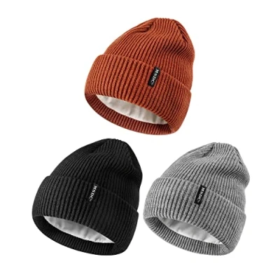 Image of MSDC Beanie Hat Women 3 Pack, Winter Hats for Men Fleece Lined Warm Cold Weather, Fashion Skull Cap(Black+Grey+Dark Orange)