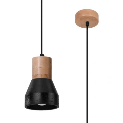 Image of Qubic Dome Pendant Ceiling Light Concrete Black, Natural Wood