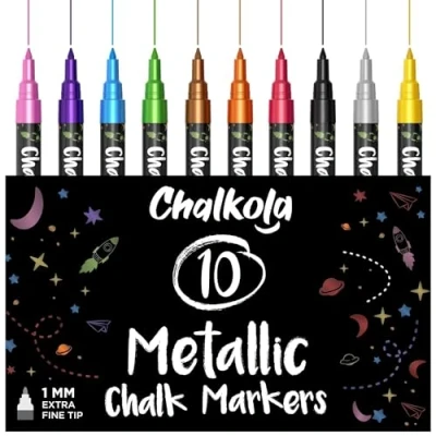 Image of Extra Fine Tip Metallic Chalk Pens (10 Pack, 1mm) Liquid for Blackboards, Chalkboard, Bistro Menu, Window Wet Wipe Erasable