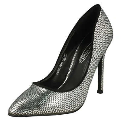 Image of Spot On Ladies High Heel Pointed Toe Snake Design Court Shoes Silver Synthetic UK Size 6 EU 39 US 8