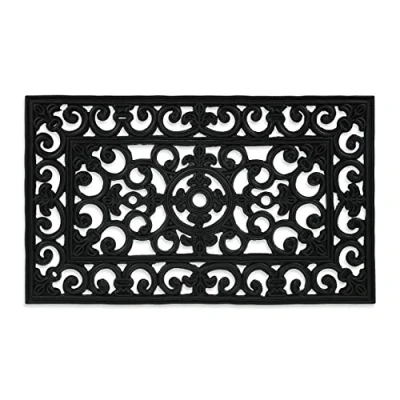 Image of Relaxdays Rubber Doormat 45 x 75 cm, Weatherproof, Non Slip, Ornaments, Indoor &amp; Outdoor Door Mat, Black