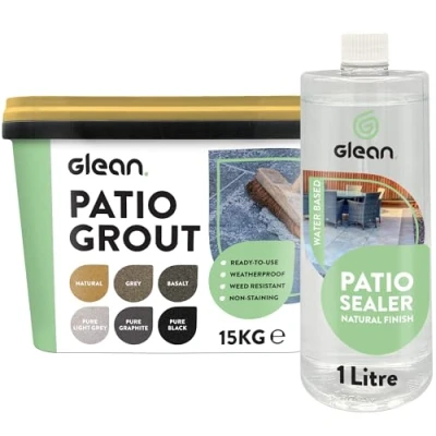 Image of GLEAN Patio Grout Natural 15kg + Sealer Finish 1 Litre Jointing Compound Brush In For Paving Patios &amp; Block Water Based
