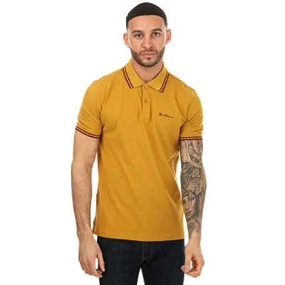 Image of Ben Sherman Mens Twin Tipped Polo Shirt in Mustard Cotton Size Small