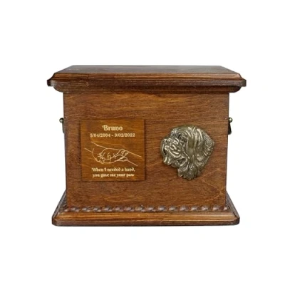 Image of Art Dog Urn for Ashes Handmade Memorial with Relief, Personalized Engraving, and Cold Cast Bronze Bust Custom Pet 8.3x11.4x8.7 Saint Bernard
