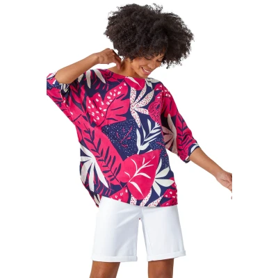 Image of Roman Originals Palm Print Tunic Top for Women UK Ladies Everyday Holiday Spring Summer Round Neckline Comfy Soft Evening Vacation Work Party Fuchsia Size 12