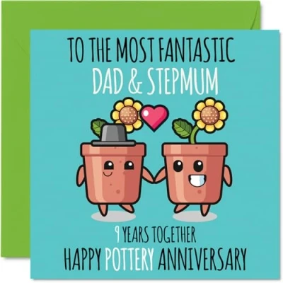 Image of Cute Pottery Anniversary Card for Dad &amp; Step Mum 9 Years Together Happy 9th Wedding Cards Dad, 145mm x Greeting Ninth Anniversaries