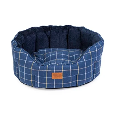 Image of House of Paws Check Navy Tweed Oval Snuggle Large Dog Bed Machine Washable Super Soft Plush