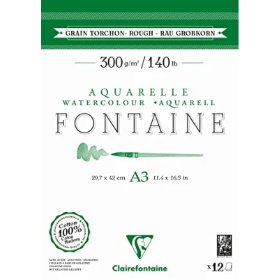 Image of Clairefontaine 975952C Pad Glued 2 Sides Fontaine 12 Sheets White Watercolor Paper 100% Cotton Grain Tea Towel Professional Quality A3 29.7x42 cm 300g