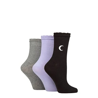 Image of Women&#039;s 3 Pair SOCKSHOP Wildfeet Mid Length Frill Top Embroidered Socks Black / Lilac Charcoal Moon 4 8 UK