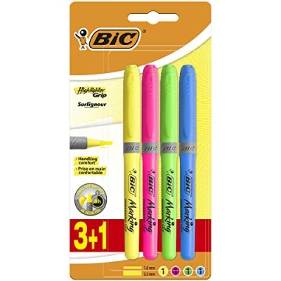 Image of BIC Grip Highlighters Yellow/Blue/Green/Pink (Pack of 4)