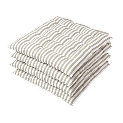 Image of HOMESCAPES Grey and White Stripe Seat Pad Cushion for Dining Chairs Set of 4 100% Cotton Chair with Straps 40 x cm