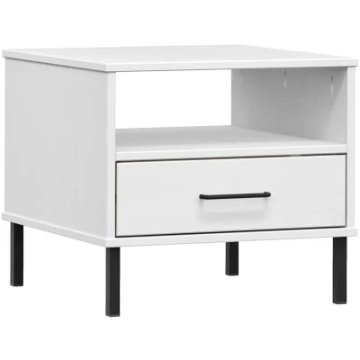 Image of vidaXL Bedside Table with Metal Legs White Solid Wood Pine OSLO